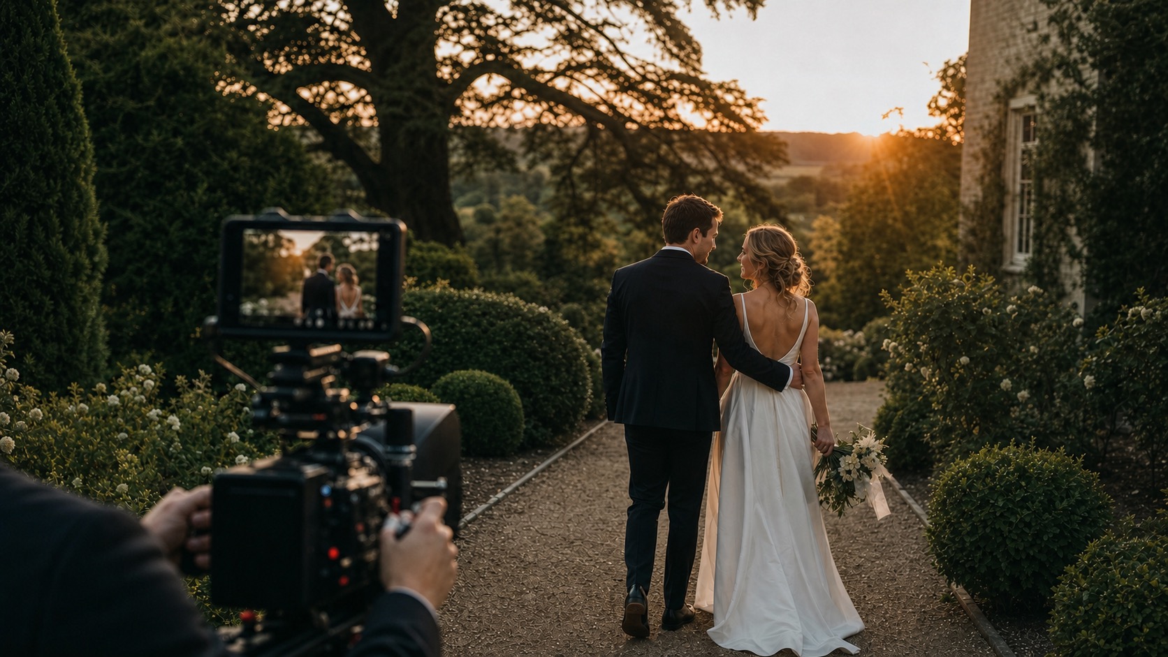 Wedding videographer filming newlyweds during a golden-hour portrait